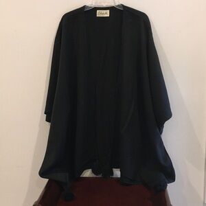 Black Open-Front Knit Sweater Cape With Pompoms